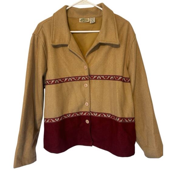 VTG 90’s Collections ETC Tan and Burgundy wool blend Button-Up Jacket. Size L - Picture 1 of 7
